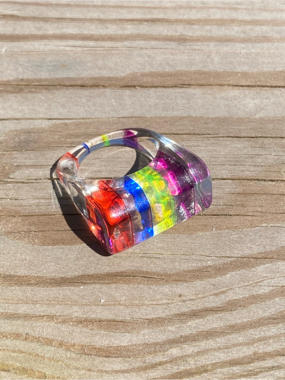 Vintage Chunky Lucite Rainbow Block Ring 8 Vibrant Neon Red Blue Yellow Stripes
